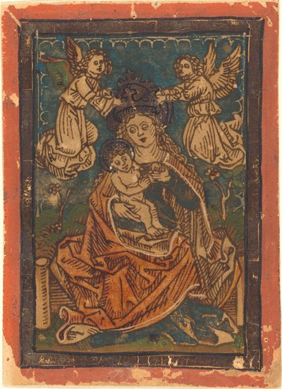 Madonna en Kind Zittend op een Grasrijke Oever met Engelen door German 15th Century