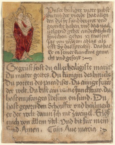 Madonna en kind in een glorie met een aflaat en een gebed door German 15th Century