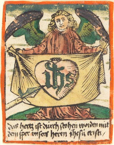 Heilig monogram in een heilig hart op een doek gehouden door een engel door German 15th Century
