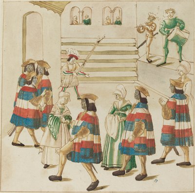 Mannen in rood, wit en blauw dansen met hun partners door German 16th Century