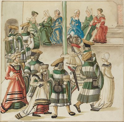 Drie Dansende Paren Geleid door Twee Ridders in Kamer met Zuil door German 16th Century