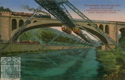 Barmen-Elberfeld-Sonnborn-Vohwinkel hangspoorweg en de nieuwe Sonnborn brug, Duitsland. Ansichtkaart verzonden in 1913. door German Photographer