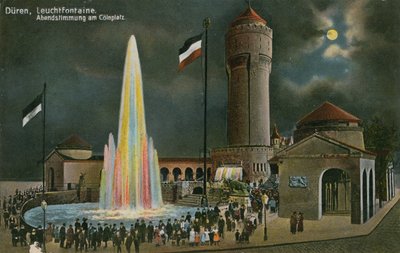 Duren, Leuchtfontaine, avondsfeer op Colnplatz. Briefkaart verzonden op 20 maart 1913. door German Photographer