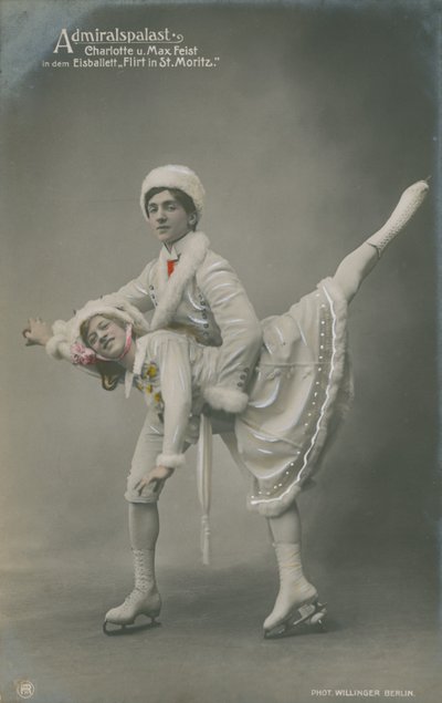 Ansichtkaart van schaatsers, verzonden in 1913 (handgekleurde foto) door German Photographer