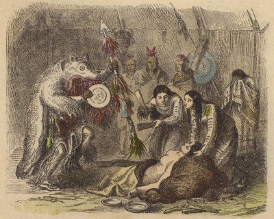 Een inheemse Amerikaanse medicijnman reciteert een bezwering om ziekte te genezen (gekleurde gravure) door German School