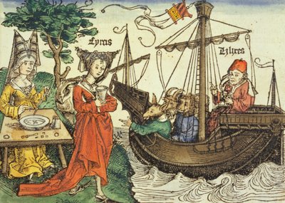 Een tovenares, waarschijnlijk Circe met de gifbeker en Odysseus met zijn metgezellen, uit de Neurenberg Kroniek door Hartmann Schedel (1440-1514) 1493 door German School