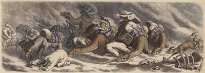 Een karavaan gevangen in een zandstorm in de Sahara (gekleurde gravure) door German School