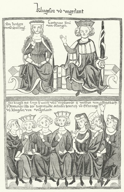 Een afbeelding van de Sangerkrieg, een wedstrijd tussen minstrelen op het Wartburg-kasteel in Thüringen in 1207, uit de Codex Manesse door German School