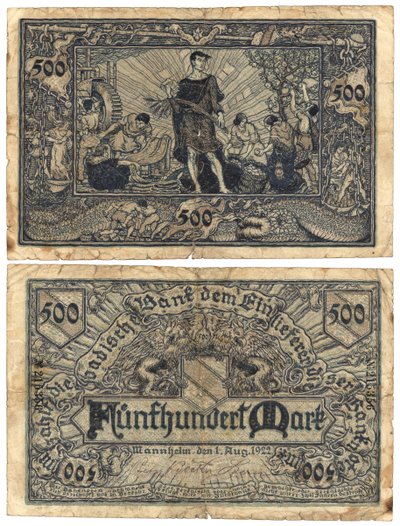 Een bankbiljet van vijfhonderd mark, 1922 (recto en verso) door German School