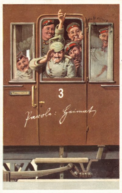 Een groep Duitse soldaten uit de Eerste Wereldoorlog zwaait vanuit een treinwagon door German School
