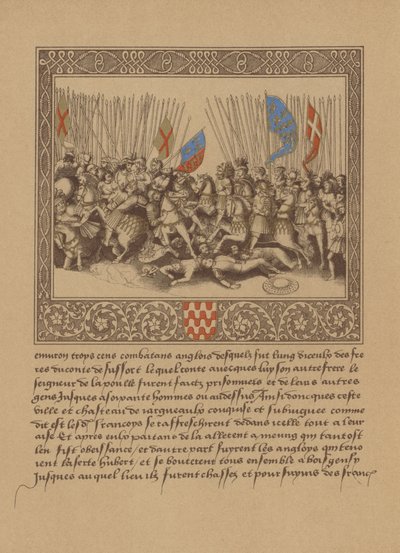 Een pagina uit een Frans 16e-eeuws manuscript met een scène uit Froissarts Kronieken door German School