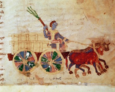 Een boer op een miniatuurkar uit het manuscript 