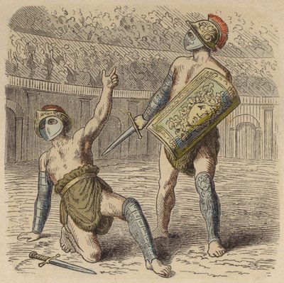 Een gewonde Romeinse gladiator smeekt het publiek om zijn leven door German School