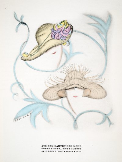Advertentie voor hoeden van Conrad Sonja, uit Styl, pub.1922 (pochoirdruk) door German School