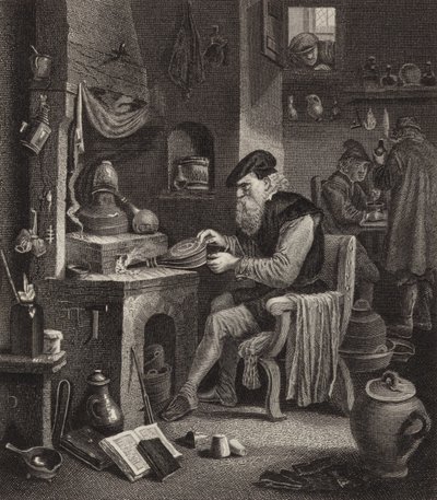 Alchemist aan het werk. Illustratie voor Bilder-Atlas (gravure) door German School