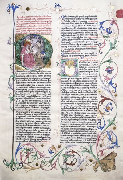 Een verlichte pagina die St. Hiëronymus in zijn studeerkamer afbeeldt, en een rand met een griffioen aangevallen door drie mannen, 1470 door German School