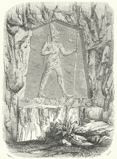Oud-Egyptisch reliëf dat vermoedelijk de farao Sesostris of Ramses II afbeeldt (gravure) door German School