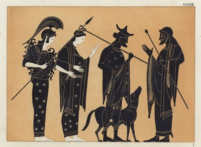 Oude Griekse figuren, inclusief Athena, met hond door German School