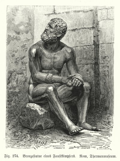Oude Griekse of Romeinse bronzen standbeeld van een zittende bokser door German School