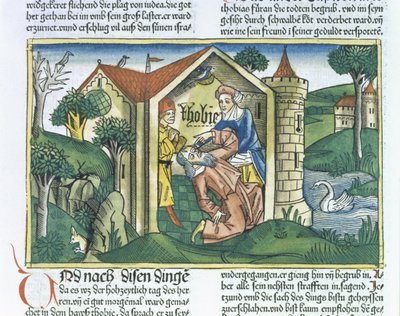 Apocrief: Tobit wordt verblind door mussenuitwerpselen, uit de Neurenbergse Bijbel (Biblia Sacra Germanaica) door German School