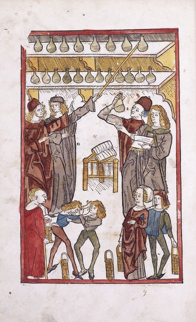 Apothekers en drankjes, met twee vechtende jongens op de voorgrond, 1491 door German School