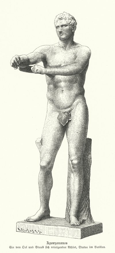 Apoxyomenos, standbeeld van een atleet die zweet en stof van zijn lichaam schraapt met een strigil (gravure) door German School