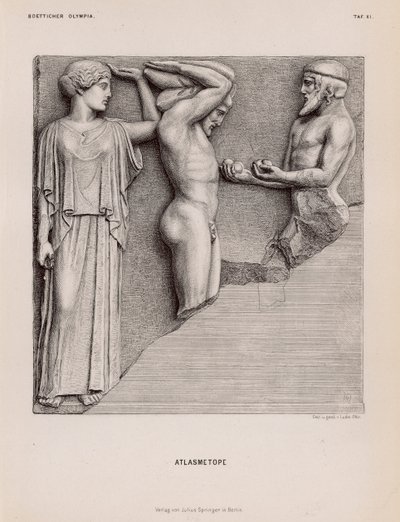 Atlas brengt Heracles de appels van de Hesperiden in aanwezigheid van Athena, metope van de Tempel van Zeus, Olympia, Griekenland door German School