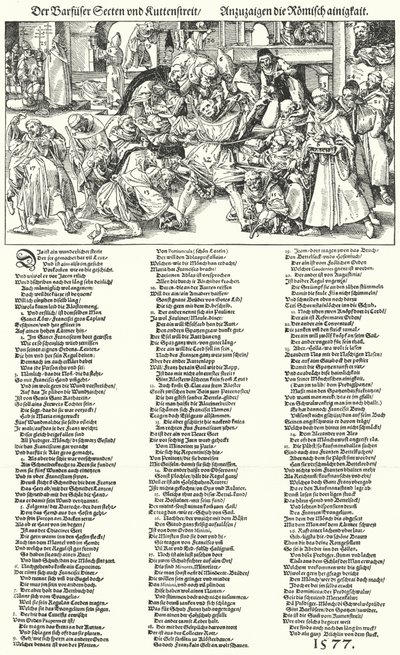 Blootsvoetse sekten en het geschil over het monnikskleed (gravure) door German School