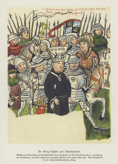 Boheemse christelijke hervormer Jan Hus wordt naar zijn executie gebracht, Constance, 6 juli 1415 door German School