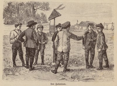 Jongens spelen het spel met de Jacobijnse pet (gravure) door German School