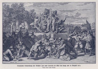 Brutale moord op de gebroeders Jan en Cornelis de Witt door een Oranjegezinde menigte, Den Haag, Nederland, 20 augustus 1672 (litho) door German School