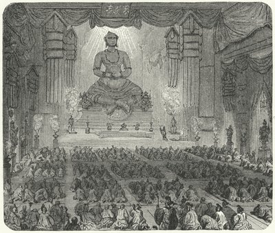 Boeddhisten aanbidden in een klooster in Peking (gravure) door German School