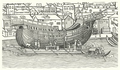 Bouw van een groot zeegaand schip aan het einde van de 15e eeuw door German School
