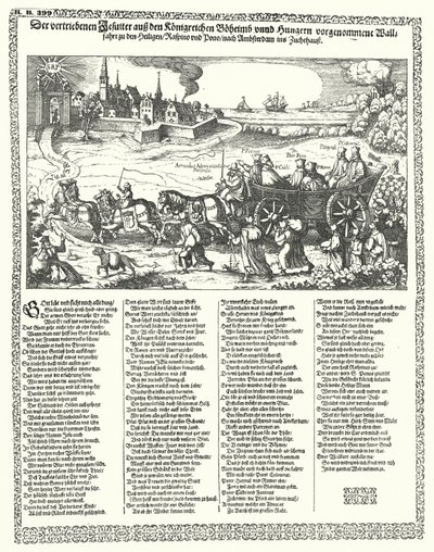 Cartoon die jezuïeten uit Bohemen en Hongarije verdreven in 1620 aan het begin van de Dertigjarige Oorlog door German School