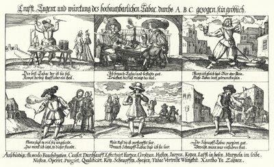 Cartoon over tabak en pijproken (gravure) door German School