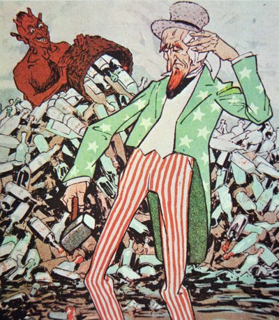 Cartoon toont Uncle Sam uitgeput door de stroom van illegale alcohol geproduceerd door de duivel, tijdens het droogleggingstijdperk (1920-33) door German School
