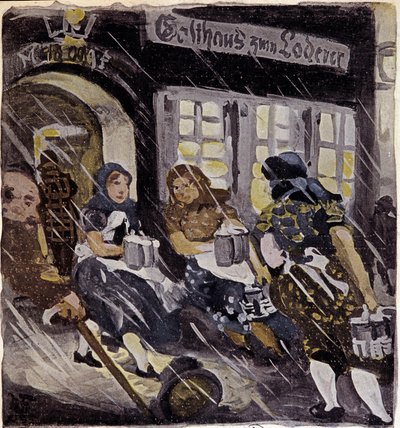 Personages op het terras van de brouwerij Max Feldbauer onder de sneeuw, München, Duitsland. Gravure uit 1905. Parijs, Decoratieve Kunsten door German School