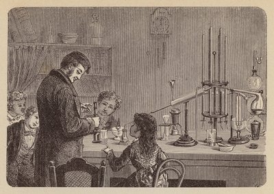 Kinderen kijken naar een wetenschappelijk experiment (gravure) door German School