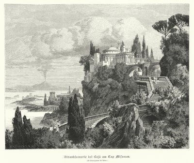 Kustlijn van de Baai van Napels vanuit de oude Romeinse stad Baiae, Kaap Miseno, met Vesuvius in de verte door German School