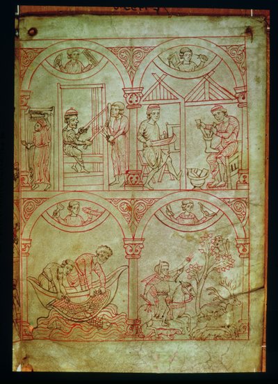 Codex 507 fol.2r Wever, Schoenmaker, Vissers en Jager, uit Renner Musterbuch, ca. 1208-18 door German School