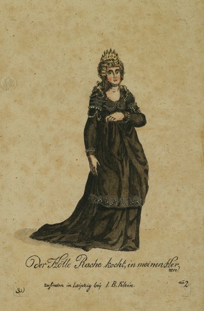 Kostuumontwerp voor de rol van de Koningin van de Nacht in de opera De Toverfluit door Wolfgang Amadeus Mozart, gepubliceerd in Leipzig door I. B. Klein, 1793 door German School