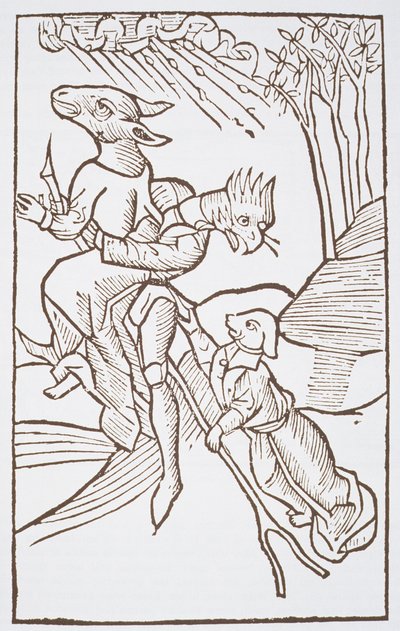 Vertrek naar de Sabbat, kopie van een illustratie uit Von den Unholden oder Hexen door Ulrich Molior, Constanz 1489, gebruikt in Geschiedenis van de Magie, gepubliceerd eind 19e eeuw door German School