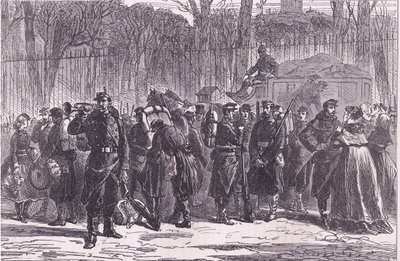 Vertrek van het Tiende Regiment Nationale Garde naar geavanceerde posten door German School