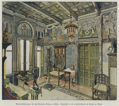 Ontwerp voor een kamer in het Koninklijk Paleis in Sofia, Bulgarije, geproduceerd door de A Bembe meubelfabriek in Mainz, Duitsland door German School