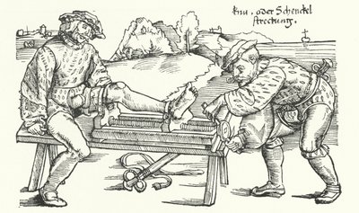 Apparaat voor het rechtzetten van een gewonde been (gravure) door German School