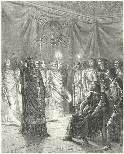 Edmund Rich, aartsbisschop van Canterbury, dreigt koning Hendrik III met excommunicatie door German School