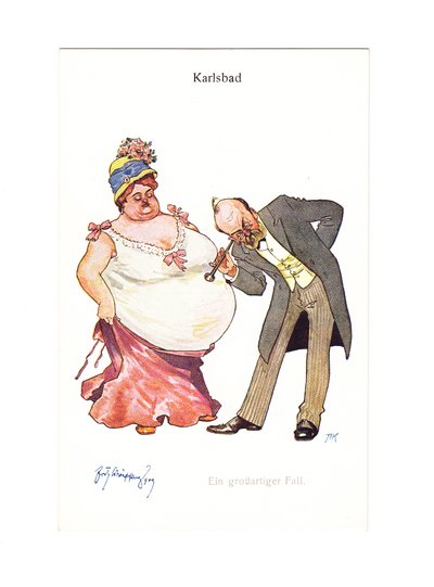 Edwardiaanse humoristische ansichtkaart van een dokter met zijn stethoscoop op de buik van een zeer dikke vrouw, c.1910 (kleur litho) door German School