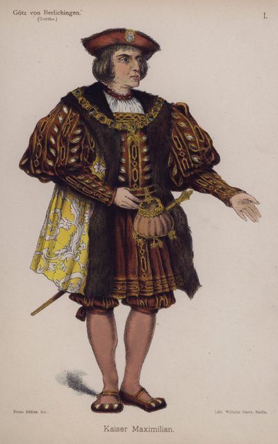 Keizer Maximiliaan, uit Gotz von Berlichingen door Goethe (gekleurde litho) door German School