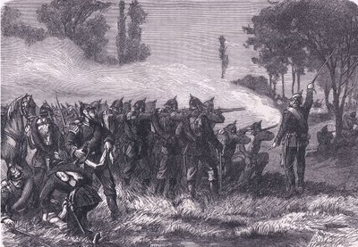 Ontmoeting in het bos voor Metz, Cassells Geschiedenis van de oorlog tussen Frankrijk en Duitsland uitgegeven door Cassell and Company Limited, ca. 1890 door German School