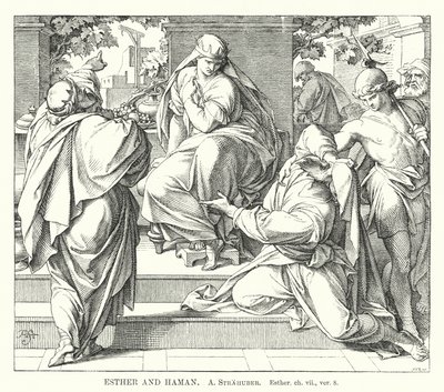 Esther en Haman, Esther, hfst. vii, vers 8 (gravure) door German School